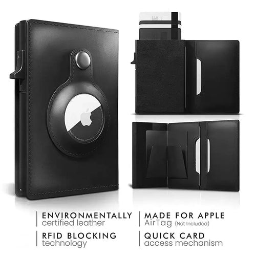 Black leather AirTag wallet with RFID blocking and quick card access, made from environmentally certified materials.