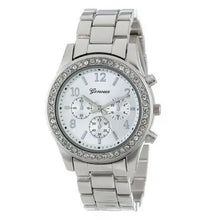 Load image into Gallery viewer, Luxury Women&#39;s Geneva Watch with silver bracelet, elegant design, and crystal accents.
