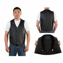 Load image into Gallery viewer, REED Men&#39;s Soft Durable Motorcycle Leather Vest Black, 2 Inside Pockets - Imported, featuring front view, back view, and interior display.
