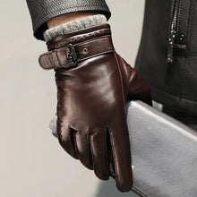 Load image into Gallery viewer, Men&#39;s Winter Leather Gloves in brown, featuring soft cashmere lining, offering warmth and style for cold weather.
