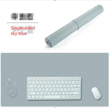 Load image into Gallery viewer, Sky blue leather suede desk mat set with keyboard, mouse, and cable for elegant workspace protection and comfort.
