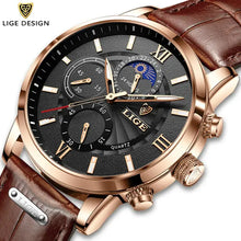 Load image into Gallery viewer, 2023 LIGE luxury men&#39;s watch with vegan leather strap, featuring a black dial, chronograph sub-dials, and rose gold casing.
