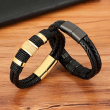 Load image into Gallery viewer, XQNI men&#39;s double layer woven leather bracelet with stainless steel clasp in gold and black, stylish and durable design on wooden surface
