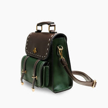 Charger l&#39;image dans la galerie, Bumblebee vegan leather backpack in green and brown, featuring multiple compartments, sleek design, and professional style.
