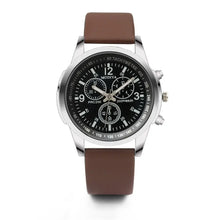 Load image into Gallery viewer, Sophisticated Limited Three Eye Watch with brown leather strap and black chronograph dial, offering timeless elegance and modern flair.
