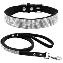 Load image into Gallery viewer, Stylish leather dog collar and leash set with sparkling rhinestones for a fashionable and secure look.

