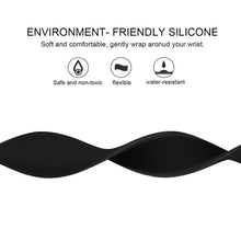 Load image into Gallery viewer, Black environment-friendly silicone band highlighting comfort, flexibility, and water-resistance features for wearables.
