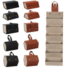 Cargar imagen en el visor de la galería, Portable eyeglasses storage case with multiple slots in black and brown vegan leather, showcasing folded and unfolded views.
