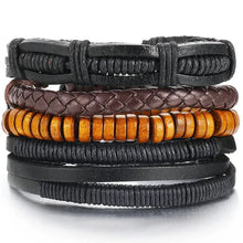 Load image into Gallery viewer, Multilayer leather bracelet featuring black, brown, and wood textures, perfect for style and durability.
