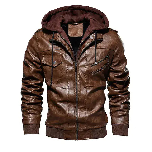 Men's comfortable hooded PU leather jacket in brown, featuring a stylish design with pockets and a cozy hood for added warmth.