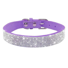 Load image into Gallery viewer, Purple leather pet collar with sparkling rhinestones, adjustable for puppies and cats, blending style and comfort.

