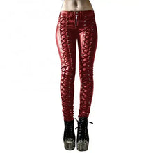 Charger l&#39;image dans la galerie, Steampunk vegan leather skinny pants in red with lace-up design, edgy fashion for a bold style statement.
