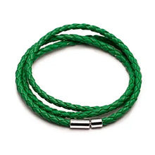 Load image into Gallery viewer, Green braided PU leather fashion bracelet with metal clasp, vegan-friendly and imported, ideal for a vibrant, layered look.
