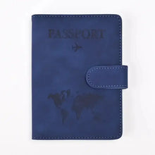 Load image into Gallery viewer, Blue PU Leather Passport Holder with World Map Design and Snap Closure
