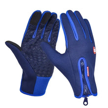 Load image into Gallery viewer, Touchscreen compatible unisex gloves with blue accents, zipper closure, and textured palm for smartphone use in cold weather.
