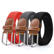 Load image into Gallery viewer, Three elastic leather belts with alloy buckles in red, grey, and black, offering style and comfort.
