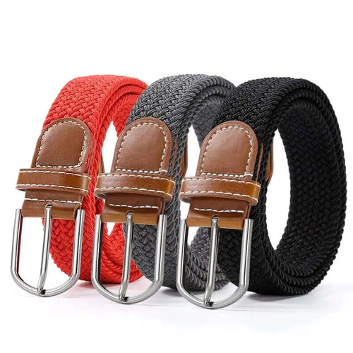 Three elastic leather belts with alloy buckles in red, grey, and black, offering style and comfort.