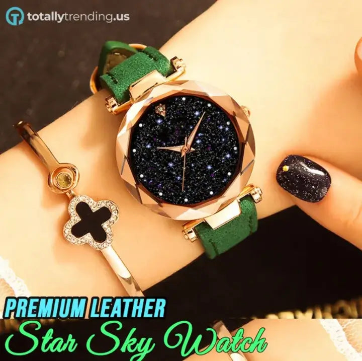 A Premium Leather Star Sky Watch with a vegan leather band, featuring a night sky-inspired dial and elegant design.