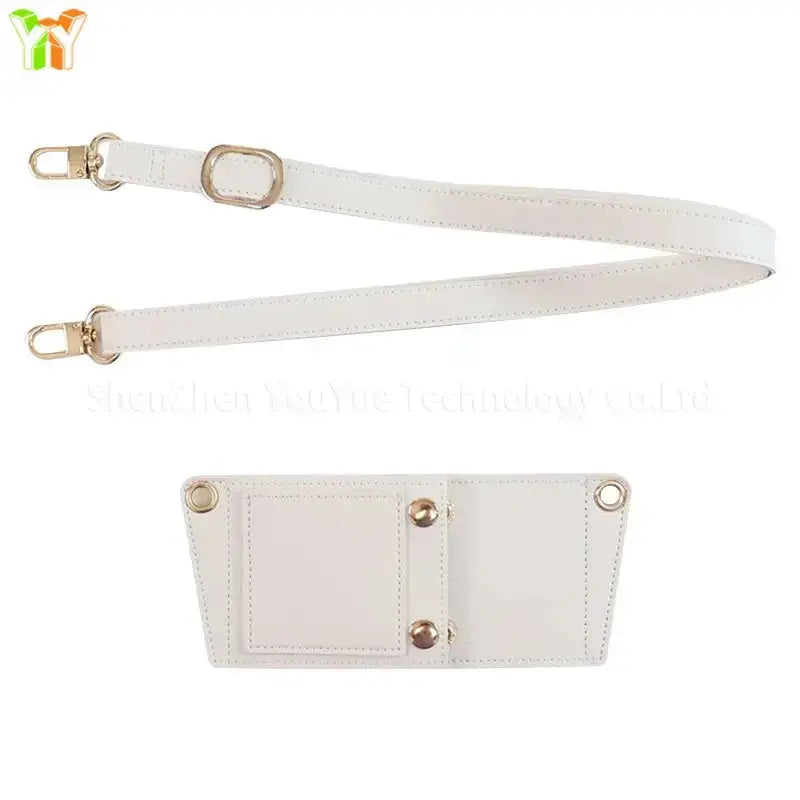 White PU leather coffee cup carrier with a shoulder strap, perfect for secure travel and hands-free coffee enjoyment.