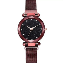 Load image into Gallery viewer, Women&#39;s luxury diamond watch with red metallic strap and elegant black dial featuring diamond markers.
