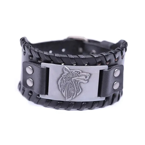 Vintage wide leather woven wolf head bracelet, symbolizing strength and independence, featuring intricately crafted wolf design.