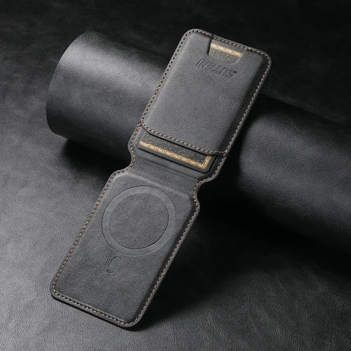 Luxury Leather Mobile Magnetic Card Holder for iPhone 14-15, sleek black design, combines style and functionality for everyday use.