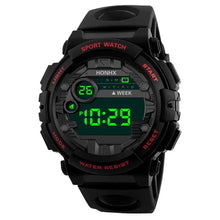 Load image into Gallery viewer, Men&#39;s digital LED watch with black band, luminous display, and modern design for active lifestyles.
