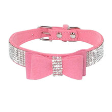 Load image into Gallery viewer, Pink adjustable leather pet collar with bowknot and sparkling rhinestones, designed for stylish puppies and cats.
