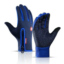 Load image into Gallery viewer, Blue winter cycling gloves with grip texture and zip closure, designed for outdoor sports and cold weather protection.
