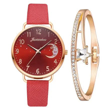 Cargar imagen en el visor de la galería, Elegant red watch and bracelet set with moon dial, perfect for adding celestial charm to any outfit.
