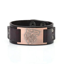 Load image into Gallery viewer, Vintage wide leather woven bracelet with a wolf head centerpiece symbolizing strength and independence, combining timeless style.
