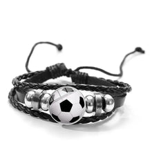 Cargar imagen en el visor de la galería, Black polyurethane leather bracelet with soccer charm and silver beads, unisex design, durable and stylish accessory.
