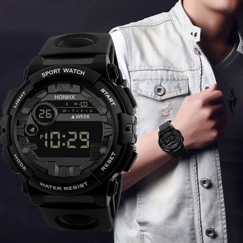 Men's digital LED watch with 12/24 hour display and luminous mirror, worn on a stylish individual's wrist, perfect for modern lifestyles.