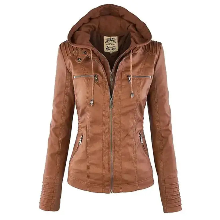 Brown gothic faux leather jacket with hood, front zipper, and edgy design accents for a bold and stylish look.