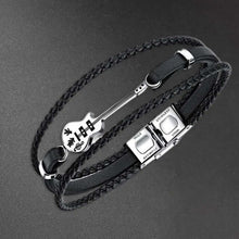 Cargar imagen en el visor de la galería, Classic hand woven multi-layered vegan leather bracelet with guitar charm, sleek black design for men&#39;s style and sophistication.
