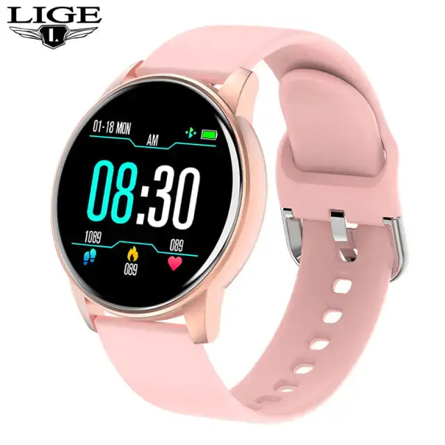 Pink smart watch with fitness tracking display, showcasing time and health metrics.
