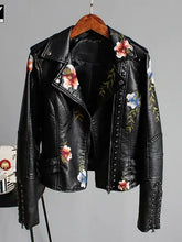 Cargar imagen en el visor de la galería, Floral Print Faux Leather Jacket, combining punk style with floral elegance, perfect for bold fashion statements.
