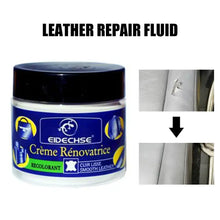 Load image into Gallery viewer, Leather Repair Fluid jar with before and after images showing restored leather surface with the Creme Rénovatrice product.
