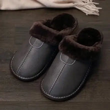 Load image into Gallery viewer, Men&#39;s warm vegan leather slippers with soft interior and durable sole, perfect for indoor comfort and style.
