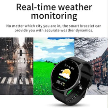 Load image into Gallery viewer, Smart watch with real-time weather monitoring, displaying sunny day and temperature readings on screen.
