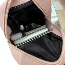 Load image into Gallery viewer, Inside view of mini backpack for women, displaying spacious pockets with phone, accessories, and PU leather material.
