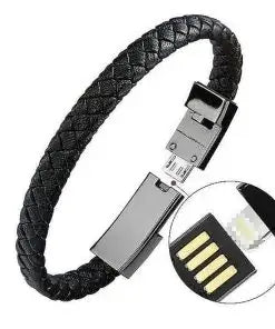 Black USB leather charging braided bracelet with connector detail, combining style and technology for convenient device charging on the go.