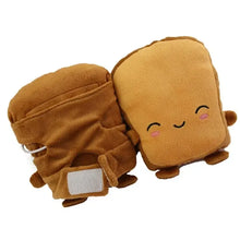 Load image into Gallery viewer, Plush toast-shaped winter gloves with cute smiling face, perfect for keeping hands warm and cozy during cold seasons.
