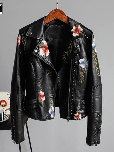 Floral Print Faux Leather Jacket with colorful floral patterns on black faux leather, punk rock style with studded details
