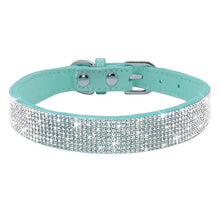 Load image into Gallery viewer, Sparkling teal leather pet collar with rhinestones for cats and puppies, offering adjustable fit and stylish comfort.
