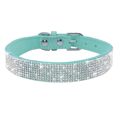 Sparkling teal leather pet collar with rhinestones for cats and puppies, offering adjustable fit and stylish comfort.
