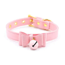 Load image into Gallery viewer, Pink leather collar bell choker with bow detail, elegant and playful accessory for style enhancement.
