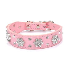 Load image into Gallery viewer, Pink leather pet collar with shiny rhinestones, adjustable size for puppies and cats, featuring stylish bowknot design.
