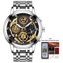 Load image into Gallery viewer, Men&#39;s stainless steel watch with skeleton dial design and gift box, featuring a durable silver band and intricate gears.
