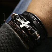 Load image into Gallery viewer, Men&#39;s leather bracelets with &#39;Trust in God&#39; charm, showcasing rugged style and unique design for casual or formal wear.
